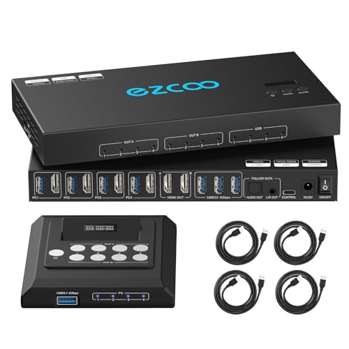 4K@60Hz HDMI 2.0 KVM Switch 4x1 for 4PC Share 2 Displays and 4 USB 3.0 Ports SPDIF L/R Audio,Copy/Extended Mod compatibile with Windows, Unix and Mac OS X