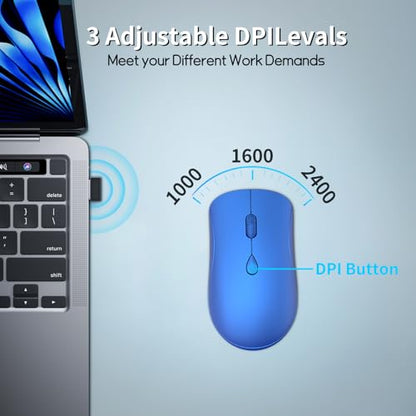 Slim Silent 2.4G Wireless Optical Mouse, Blue | Compatible MacBook, Chromebook, Laptop, PC; Quiet Click, 2400 DPI, Mini USB Receiver, Travel Portable Design - color: Blue