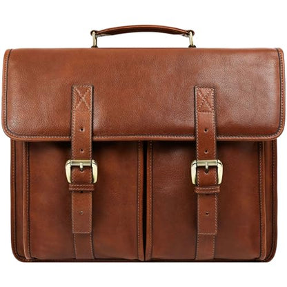 Time Resistance Leather Briefcase for Men Handcrafted in Italy Full Grain Messenger Bag for Laptop - color: Cognac
