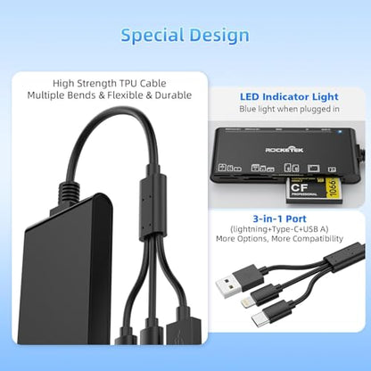 USB 3.0 Multi Card Reader for SD, Micro SD, CF & XD Cards | 7-Slot Memory Card Reader with USB-C, USB-A and Lightning, 5Gbps Transfer for iPhone, iPad, MacBook and PC - color: CR324-R
