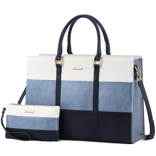 LOVEVOOK Laptop Bag for Women, 15.6 Inch Laptop Tote Bag, Vintage Leather Work Bags for Women, Waterproof Computer bag with Clutch Purse, Large Capacity Briefcase, Business Office Bag | Two-piece set - color: White - Blue, size: 15.6 inch
