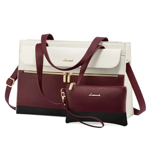 LOVEVOOK Laptop Tote - 15.6 Inch Professional Leather Computer Briefcase - Waterproof Shoulder Bag - Large Capacity Business Teacher Office Bag - Crossbody Purse - color: 168# Dark Red/Off-white, size: 15.6 Inch