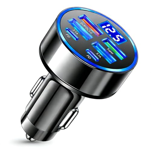 USB C Car Charger Adapter with Voltmeter Compatible with iPhone 16 15 14 13 12 11, Android, Samsung, Super+ QC3.0 6 in 1 Multi-Port Super Fast Charging Cigarette Lighter USB Charger