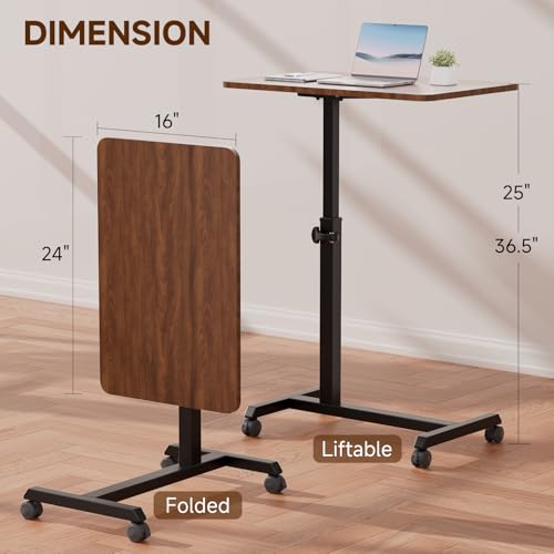 GTPLAYER Small Standing Desk, 24 Inches Foldable Mobile Rolling Laptop PC Table with Lockable Casters, Adjustable Height Overbed Bedside Table Computer Workstation for Home Office, Walnut-Foldable - color: Walnut-foldable