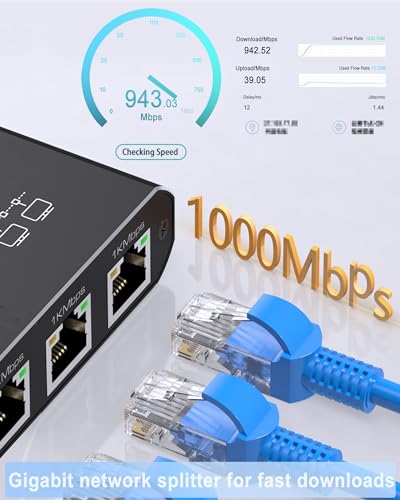 LIEZHUA Ethernet Splitter 1 to 4 - Network Splitter with USB Power Cable, RJ45 Internet Splitter Adapter 1000Mbps High Speed for Cat 5/5e/6/7/8 Cable [4 Devices Networked Simultaneously] | 4 Devices Networked Simultaneously ,1000 Mbps Multi-port network S