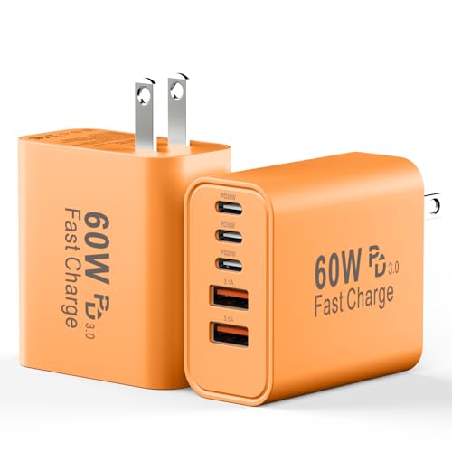 USB C Fast Charger Block, 60W Phone USB C Wall Charging Blocks, Type C Charger Fast Charging Brick, 5Port Multiport Charger Plug Power Adapter for Phone 17/16/15/14/13 Pro Max, Pad, S25 -Cosmic Orange - color: Cosmic Orange