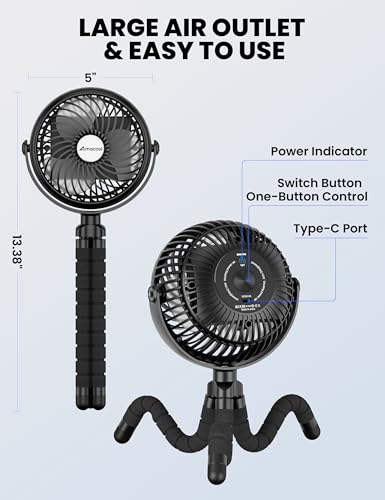 AMACOOL Baby Stroller Fan - 5000mAh Rechargeable, 3-Speed, Strong Yet Quiet, 360°Rotate Portable Clip on Fan for Travel, Car Seat, Crib, Bike, Treadmill, Beach Vacation Essentials - color: Black