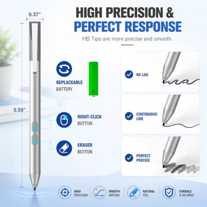 Active Pen for Dell 2-in-1 Touchscreen Laptop, MPP Stylus, Palm Rejection | 1024 Pressure Level, Palm Rejection, Dual Shortcut Buttons, 2500-Hour Battery for Inspiron 5379/7586, Latitude 3190/3390/7230 - color: Silver