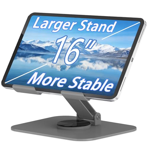 Large Metal Tablet Stand 360° Rotation for 4-16” Tablet, Grey | Suitable for All iPad Models, Stability Base, Fully Folded, Easy to Store and Carry, Wide Footrest, Heat Dissipation Design - color: Grey
