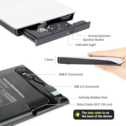 ROOFULL External CD DVD Drive for Mac Laptop USB 3.0 & USB-C | With Carrying Case, Portable CD DVD Burner Reader Writer Player ROM+/-RW Disc Drive for Apple MacBook Windows PC Computer - style: 2 In 1 Drive (White) + Carrying Case
