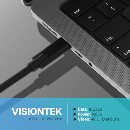 VisionTek USB-C Cable USB 3.1 Gen 2 (6.6ft) - 100W 10Gbps, DP Alt Mode | 100W Power Delivery Fast Charging, 10Gbps High-Speed Data Transfer, 4K 60Hz Video Output, Laptop, Tablet, Phone
