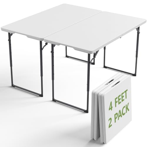 4FT Folding Table 2 Pack,Adjustable Height Heavy Duty Plastic Folding Tables with Carry Handles,Fold-in-Half Portable Tables with Steel Legs for Party, Wedding,Camping, Picnic,Indoor Outdoor,White - color: White, size: 4FT-2pack