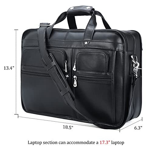 Polare 18.5” Full Grain Leather Laptop Briefcase Messenger Bag Tote For Men Large Fits 17.3” Laptop - color: Black(x-large)