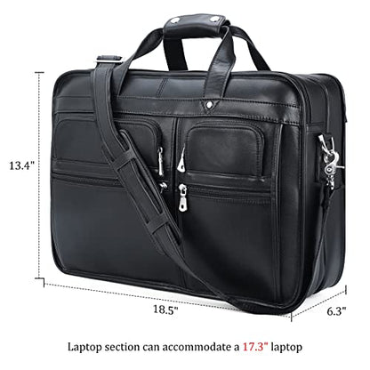 Polare 18.5” Full Grain Leather Laptop Briefcase Messenger Bag Tote For Men Large Fits 17.3” Laptop - color: Black(x-large)