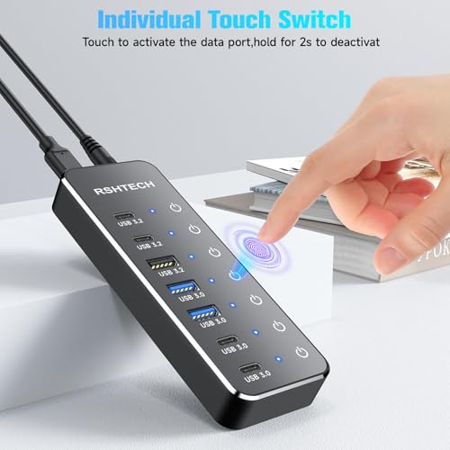 RSHTECH 7-Port Powered USB-C/USB 3.2 Data Hub Splitter, RSH-ST07C-4 | with 3 x 10Gbps USB-3.2(2C + 1A),4 USB-3.0 Ports(2C + 2A), 3.3ft USB-A/USB-C Cable, Touch Switches, and 5V Power Adapter