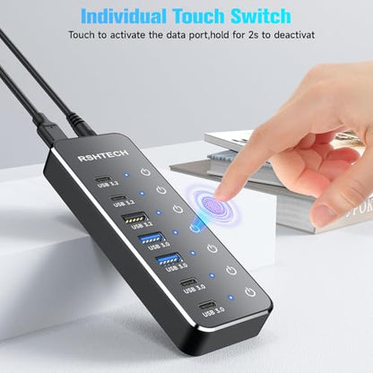 RSHTECH 7-Port Powered USB-C/USB 3.2 Data Hub Splitter, RSH-ST07C-4 | with 3 x 10Gbps USB-3.2(2C + 1A),4 USB-3.0 Ports(2C + 2A), 3.3ft USB-A/USB-C Cable, Touch Switches, and 5V Power Adapter
