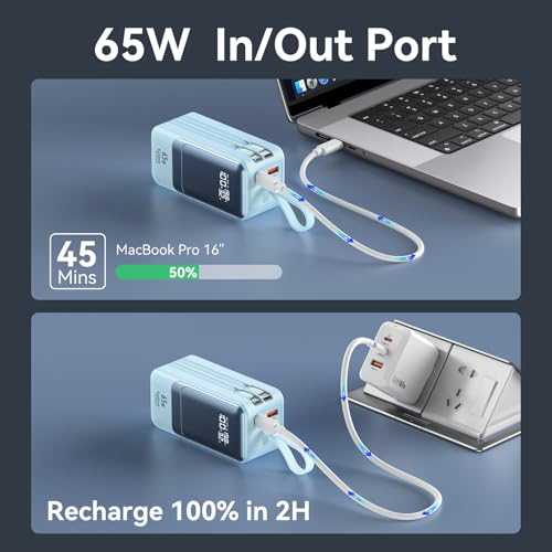 Fast Charging Power Bank 18400mAh 65W Portable Laptop Charger, LED Display, Travel Essential Battery Pack with Built-in USB-C & Lightning Cables for iPhone 16/15/14/13/12 MacBook Samsung - color: Blue