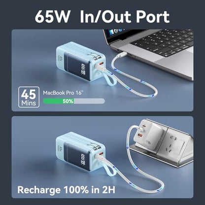 Fast Charging Power Bank 18400mAh 65W Portable Laptop Charger, LED Display, Travel Essential Battery Pack with Built-in USB-C & Lightning Cables for iPhone 16/15/14/13/12 MacBook Samsung - color: Blue