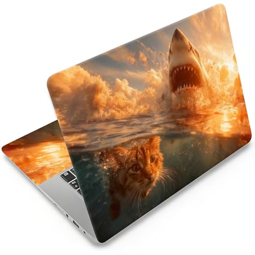 12.1-15.6 Inch Universal Reusable Laptop Skin Sticker Decal, Waterproof Removable Protector for Notebook Cover, Scratch-Resistant Vinyl Cuttable Full Wrap Sticker, Funny Cat Underwater with Shark - color: Funny Cat Underwater With Shark