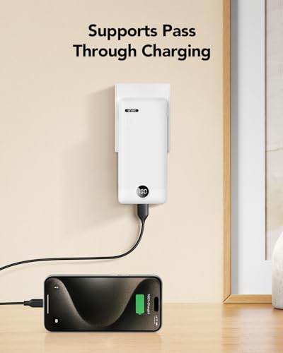 VRURC Portable Charger, Power Bank Built-in Cables and AC Wall Plug | USB C Power Bank 10000mAh Travel Essentials Phone Charger Compact External Battery Pack For Smart Phones, Tablets etc-White - color: White