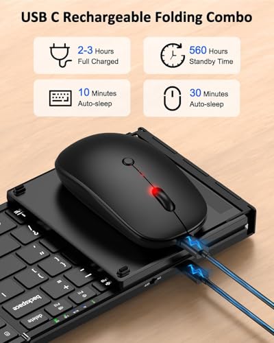 Foldable Keyboard and Mouse,Portable Full-Size Folding Wireless Keyboard Mouse Combo for Business Travel,2.4G+Bluetooth 5.0x2,USB-C Rechargeable,Compatible with iOS/Android/Windows/MacOS(Black)