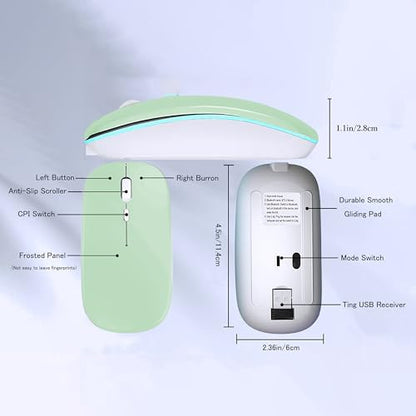WREANU Wireless Bluetooth Mouse Rechargeable Laptop Mice with LED Lights Silent Slim Use(BT5.2 and 2.4G Portable USB Receiver)Dual Mode Computer Mouse for Laptop/iPad/Tablet/Apple/Computer/Mac(Green) - color: Green Wireless Bluetooth Mouse