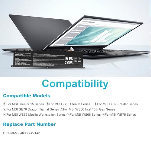 BTY-M6M Battery Replacement for MSI GS66 Stealth 10SD 10SE GE76 Raider 10SF 10SFS 10SGS GE66 Raider 10UE 10UG 10UH 11UE 11UG 11UH WS66 10TK 10TL WE76 11UK 11UM Creator 15 A11UE A11UH A10SD A10SE - size: BTY-M6M