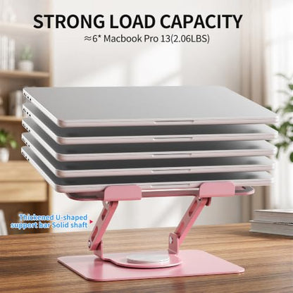 SOUNDANCE 360 Rotating Laptop Stand, Ergonomic Computer Riser for Desk, Adjustable Height Multi-Angle Metal Holder, Foldable Portable Notebook Elevating Base for Office & Home, Pink - color: Pink