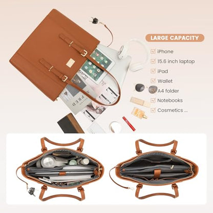 Laptop Bag for Women Large Office Handbags Briefcase Fits Up to 15.6 inch (Updated Version)-Brown - color: Brown