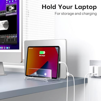 OMOTON Vertical Laptop Stand, Clear Acrylic Dual Holder for MacBook Gaming | Adjustable Width 0.43-1.38", Clear Acrylic Dual Slot Stand for Desk, Compatible with MacBook Pro/Air HP Gaming up to 17" - size: Dual-Clear