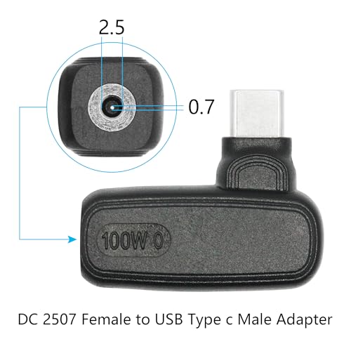 90 Degree 100W DC 2.5mm x 0.7mm Power Adapter, Input 15 - 20.5V, PD Chip | Right Angle DC 2507 Female to USB Type C Male PD Plug, Built in PD Intelligent Chip Quick Identification V/A, for USB C Port - style: DC 2507 Female to USB Type c Male - 100W