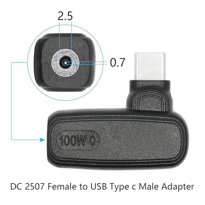 90 Degree 100W DC 2.5mm x 0.7mm Power Adapter, Input 15 - 20.5V, PD Chip | Right Angle DC 2507 Female to USB Type C Male PD Plug, Built in PD Intelligent Chip Quick Identification V/A, for USB C Port - style: DC 2507 Female to USB Type c Male - 100W