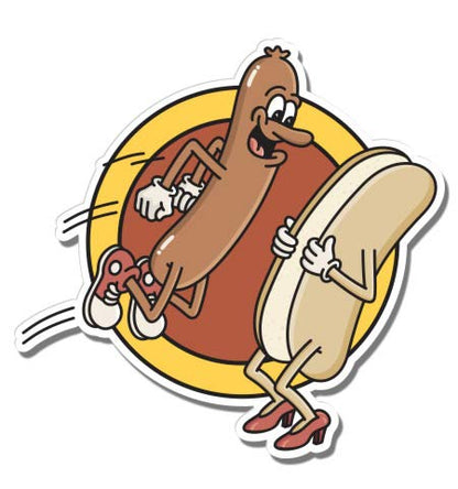 Hot Dog Jumping in Bun Funny - 8" Vinyl Sticker - for Car Laptop I-Pad - Waterproof Decal - size: 8"