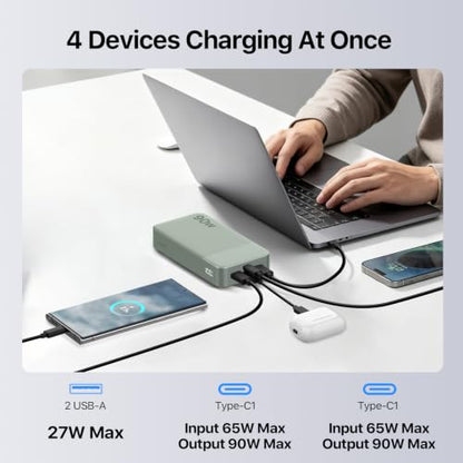 NOBIS Portable Charger 20000mAh 90W Laptop Power Bank | 2C+2A USB-C Fast Charging Battery Pack with LED Display for Laptops, Tablets, Steam Deck & Phones - color: Green