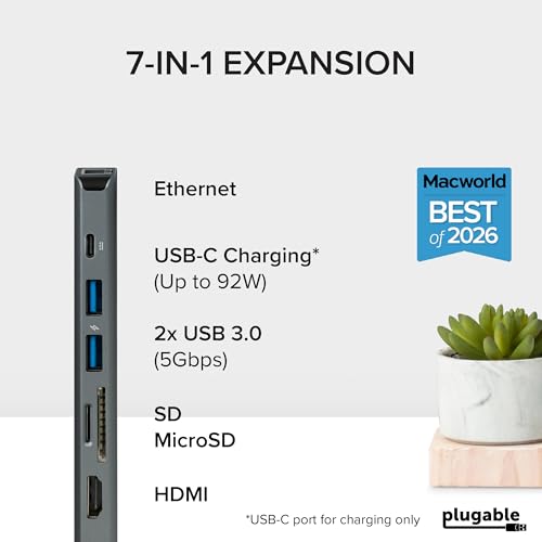 Plugable 7-in-1 USB C Hub Driverless Multiport Adapter with Ethernet, Single 4K60Hz HDMI, 100W Pass-Through Charging, 2X USB 3.0, SD/microSD, for USB-C, USB4, Thunderbolt, Mac, Windows, Chromebook