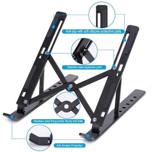 Generic Portable Laptop Stand, Aluminum, 9-15.6 Inch Laptops & iPads, 6 Adjustable Angles, Anti-Slip, Foldable, Black - color: Black