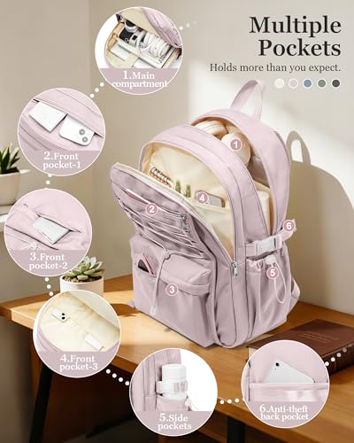 suwasp College Backpack for Women, Waterproof Laptop Backpack Fits 15.6 Inch Laptop, School Bookbag with Water Bottle Pocket, Anti Theft Work Backpack for College, Travel, Commuter, - color: Light Purple