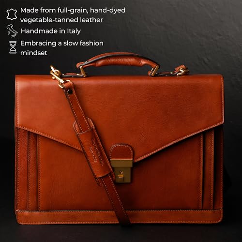 Time Resistance Leather Briefcase for Men - Business Laptop Bag - Italian Handmade Leather Bag - Attache - Gift Box Included - color: Cognac Brown