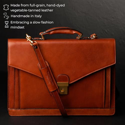 Time Resistance Leather Briefcase for Men - Business Laptop Bag - Italian Handmade Leather Bag - Attache - Gift Box Included - color: Cognac Brown