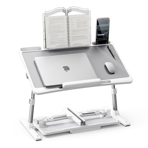 Lap Desks Laptop Desk for Bed, Adjustable Height and Angle Lap Desks for Adults, Lap Desk with Bookshelf for Bed Couch Floor Writing Working Reading Eating Painting, White