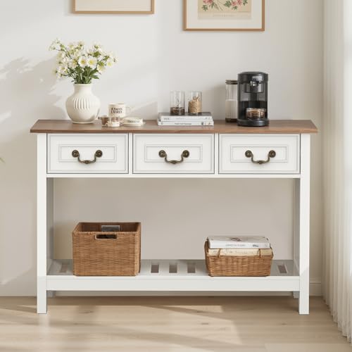Narrow Console Table with 3 Drawers, Entryway Table with Storage Shelves, Couch Table Behind Sofa, Wood Sofa Table for Living Room, Entryway, Hallway, White - color: White