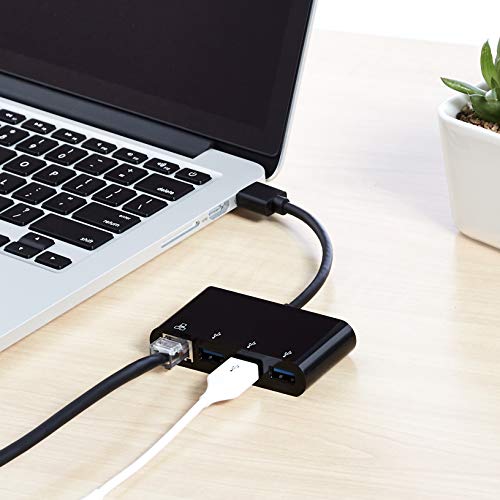 Amazon Basics 4-Port USB 3.0 Hub with 3 USB-A Ports & 1 RJ45 Gigabit Ethernet Port, High-Speed Network Adapter for Laptops, Black