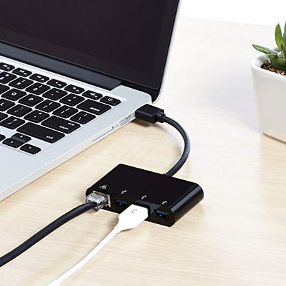Amazon Basics 4-Port USB 3.0 Hub with 3 USB-A Ports & 1 RJ45 Gigabit Ethernet Port, High-Speed Network Adapter for Laptops, Black