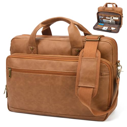 Briefcase for Men Leather Laptop Bag 16 Inch Messenger Bag Vintage Crossbody Laptop Computer Bag for Business,Work,Travel - color: Brown