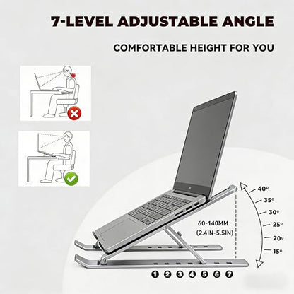 Adjustable Laptop Stand for Desk, Metal Foldable Laptop Riser Holder, Portable Desktop Book Stands, Ventilated Cooling Computer Notebook Stand Compatible with 10-17” Laptops - color: Silver