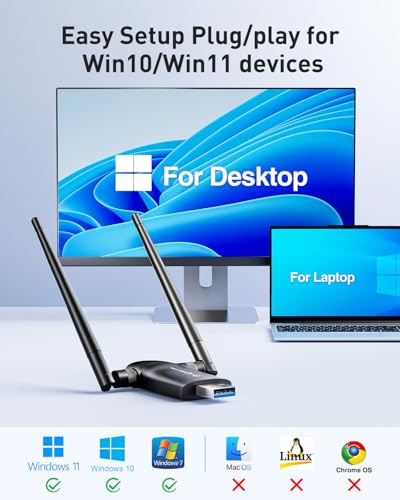 Nineplus Wireless USB WiFi Adapter for PC - 1300Mbps Dual 5Dbi Antennas 5G/2.4G WiFi Adapter for Desktop PC Laptop Windows11/10/7, Wireless Adapters for Desktop Computer Network Adapters