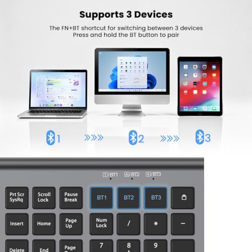 Rechargeable Wireless Bluetooth Keyboard and Mouse Combo, Full Size Silent Ergonomic Scissor Switch Keyboard and Optical Mouse Set, 2.4G Lag-Free Cordless Keyboard Mice for Computer,Mac,Laptop,PC-Grey