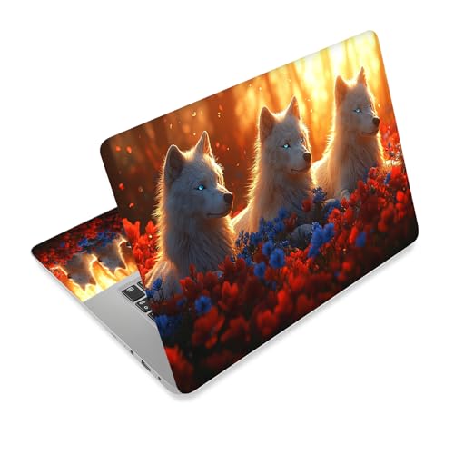 Universal Laptop Skin Sticker Decal,15.6 Inch Laptop Vinyl Cover for 13" 14" 15.6" Laptop,Scratch-Resistant Waterproof Protector Wrap,Reusable with Wrist Pads,White Wolves Blossoms - color: White Wolves Blossoms