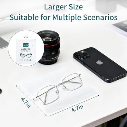 Anti-Fog Lens Wipes for Glasses, 100 Count, Individually Wrapped, Pre-Moistened, Large 4.7 x 4.7 Inch Sheets for Eyeglasses, Sunglasses, Screens, Camera Lenses