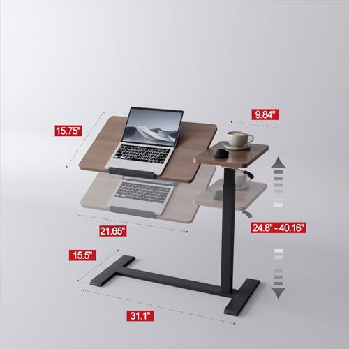 Adjustable Overbed Bedside Table with Wheels Pneumatic Mobile Standing Laptop Desk Rolling Computer Cart Movable Couch Desk Hospital Home Use, Walnut - color: Walnut